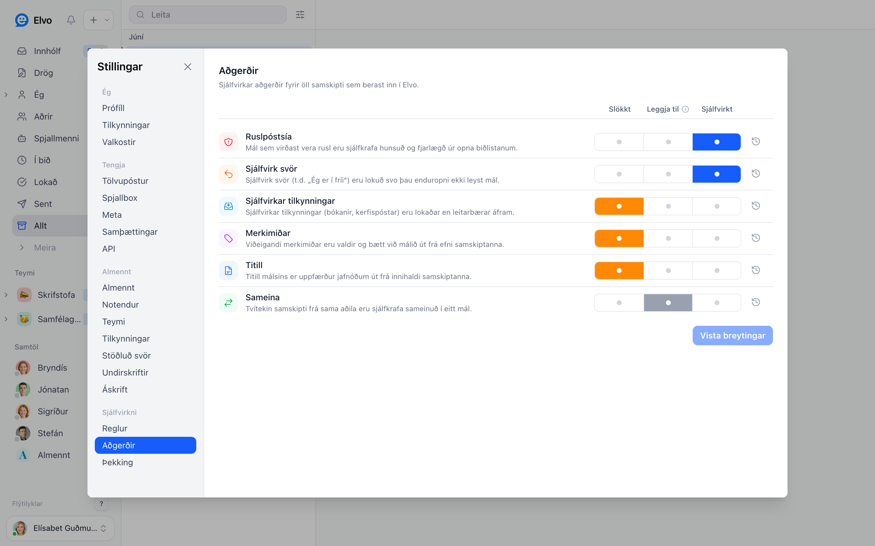 AI-aðgerðir undir Stillingar → Aðgerðir.